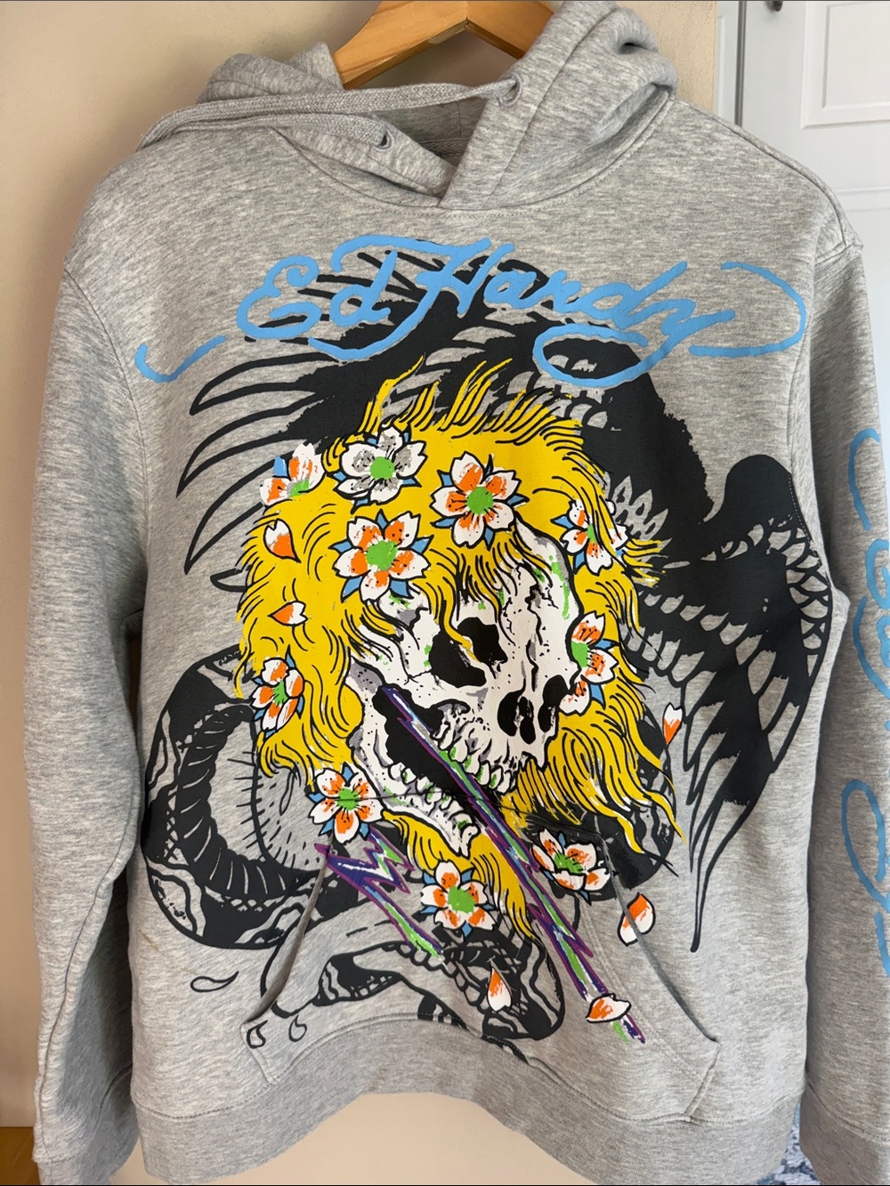 Ed Hardy yellow hair skull gray hoodie - flawed